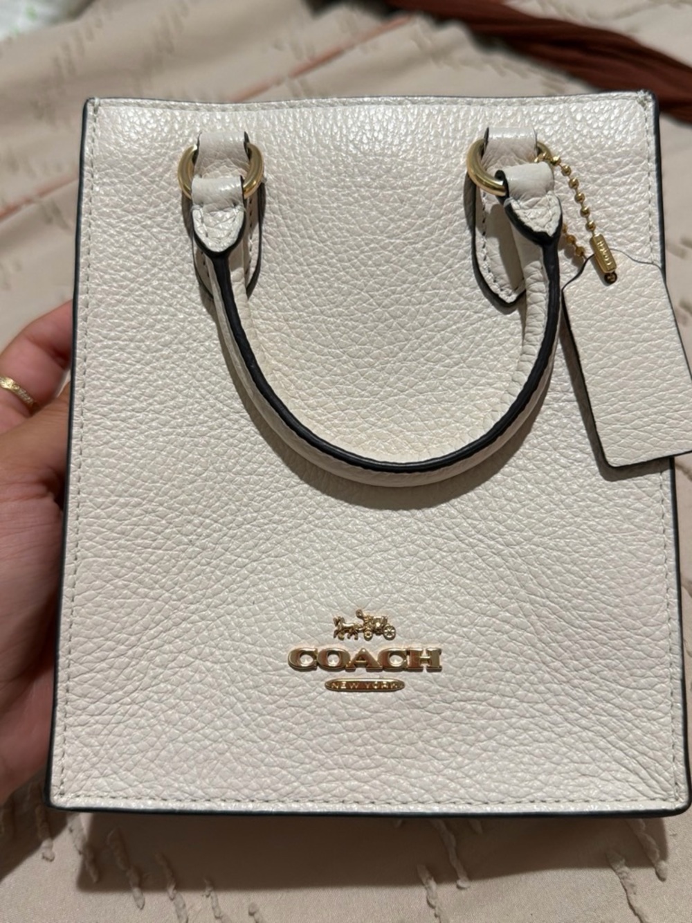 Coach Cream Pebbled Mini Leather Tote with Gold Hardware